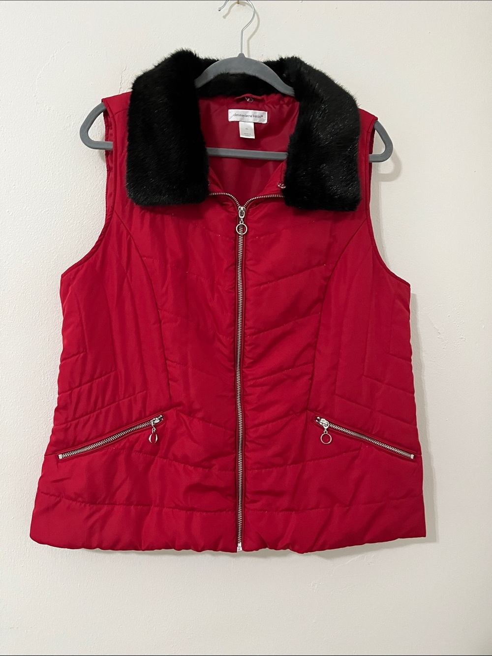 Christopher & Banks XL Quiled Vest Red with Detachable Black Faux Fur Collar